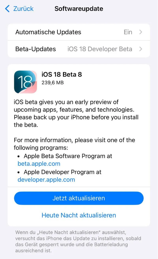 平陆苹果手机维修分享苹果 iOS / iPadOS 18 开发者预览版 Beta 8 发布 